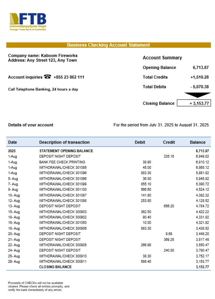 Relevé bancaire d'affaires de la Banque du commerce extérieur du Cambodge Format Word et PDF